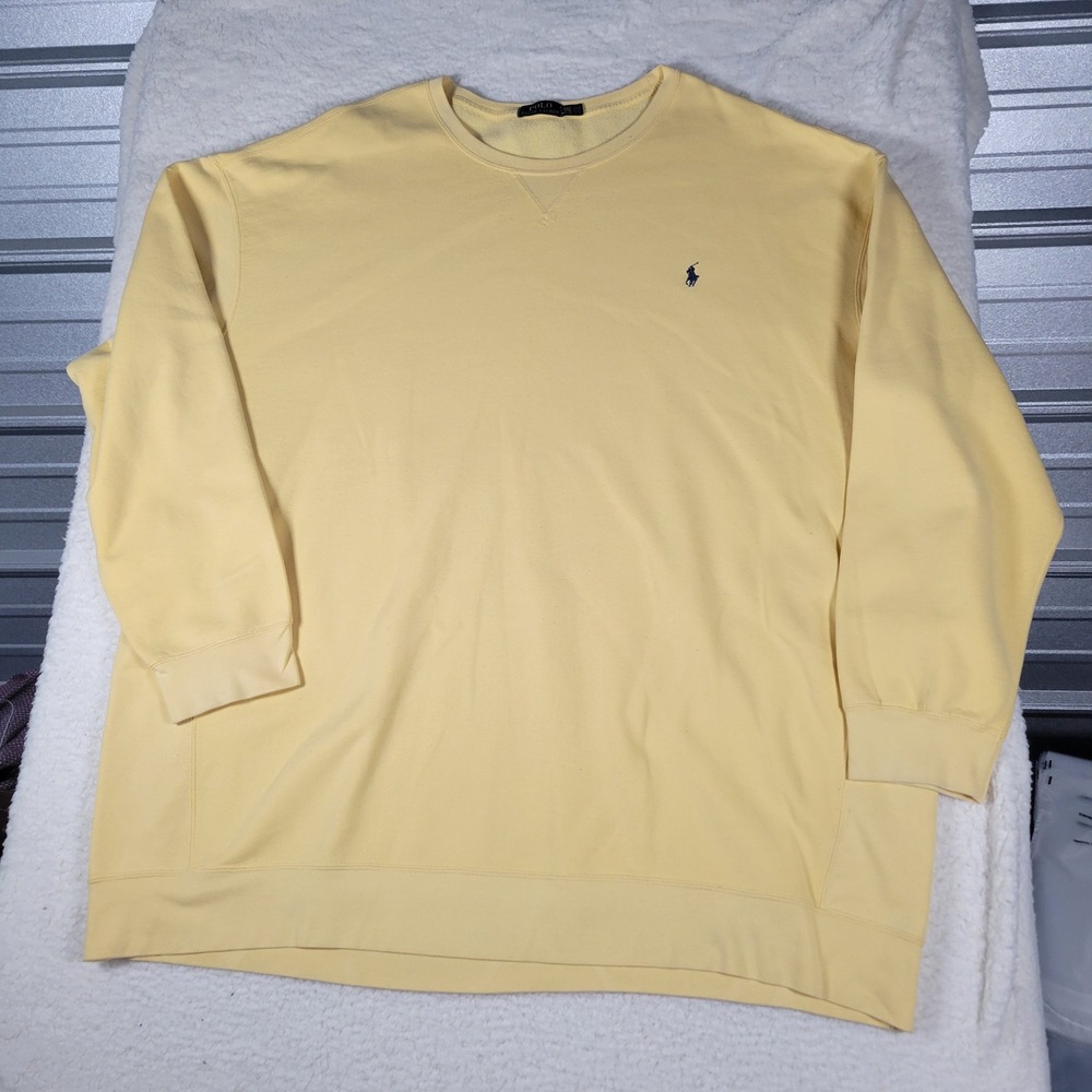 Polo Ralph Lauren Sweatshirt Mens 4XLT Yellow Crewneck Blue Pony Fleece Stains
